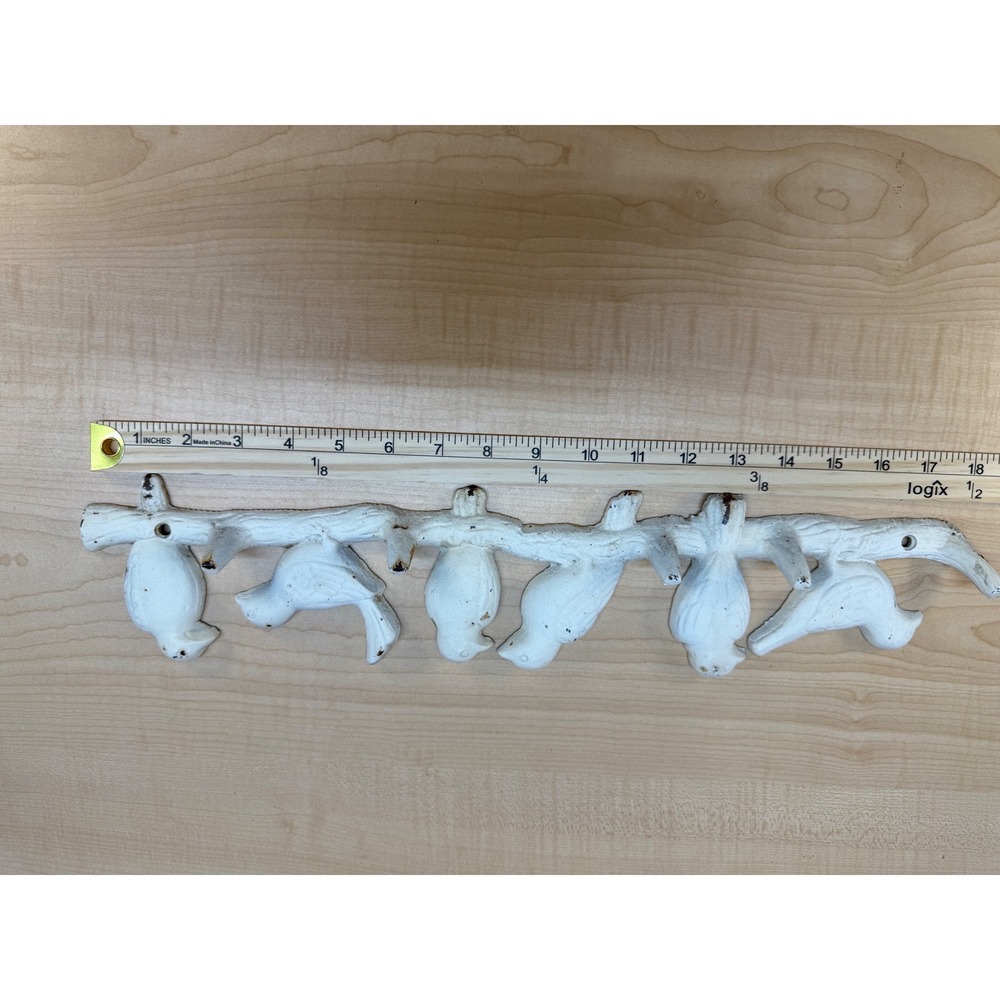 Vintage Style Cast Iron Birds on Branch Wall Hook Rack White Distressed 19 Inch - Picture 14 of 15
